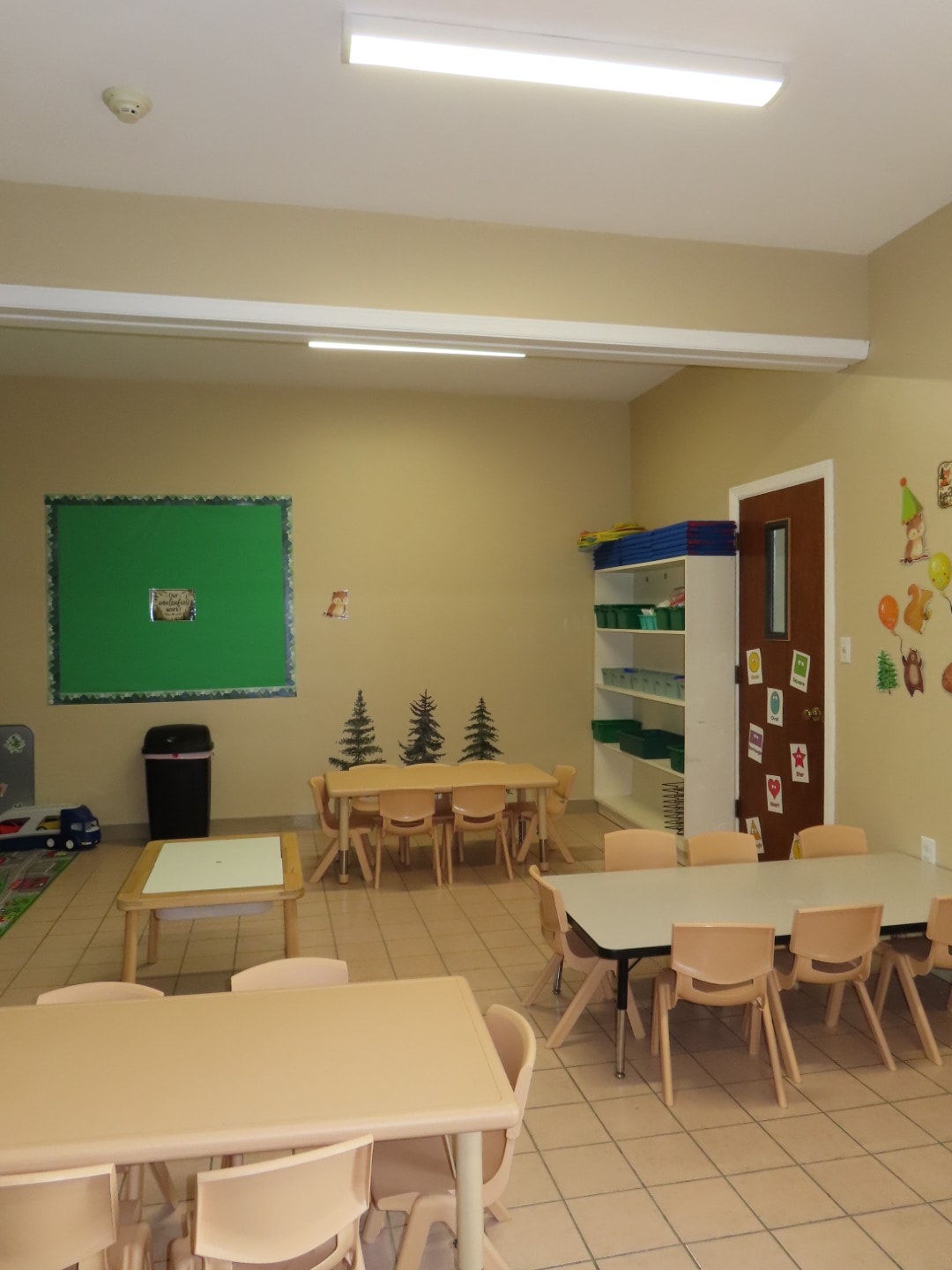 Bright classroom with activity tables